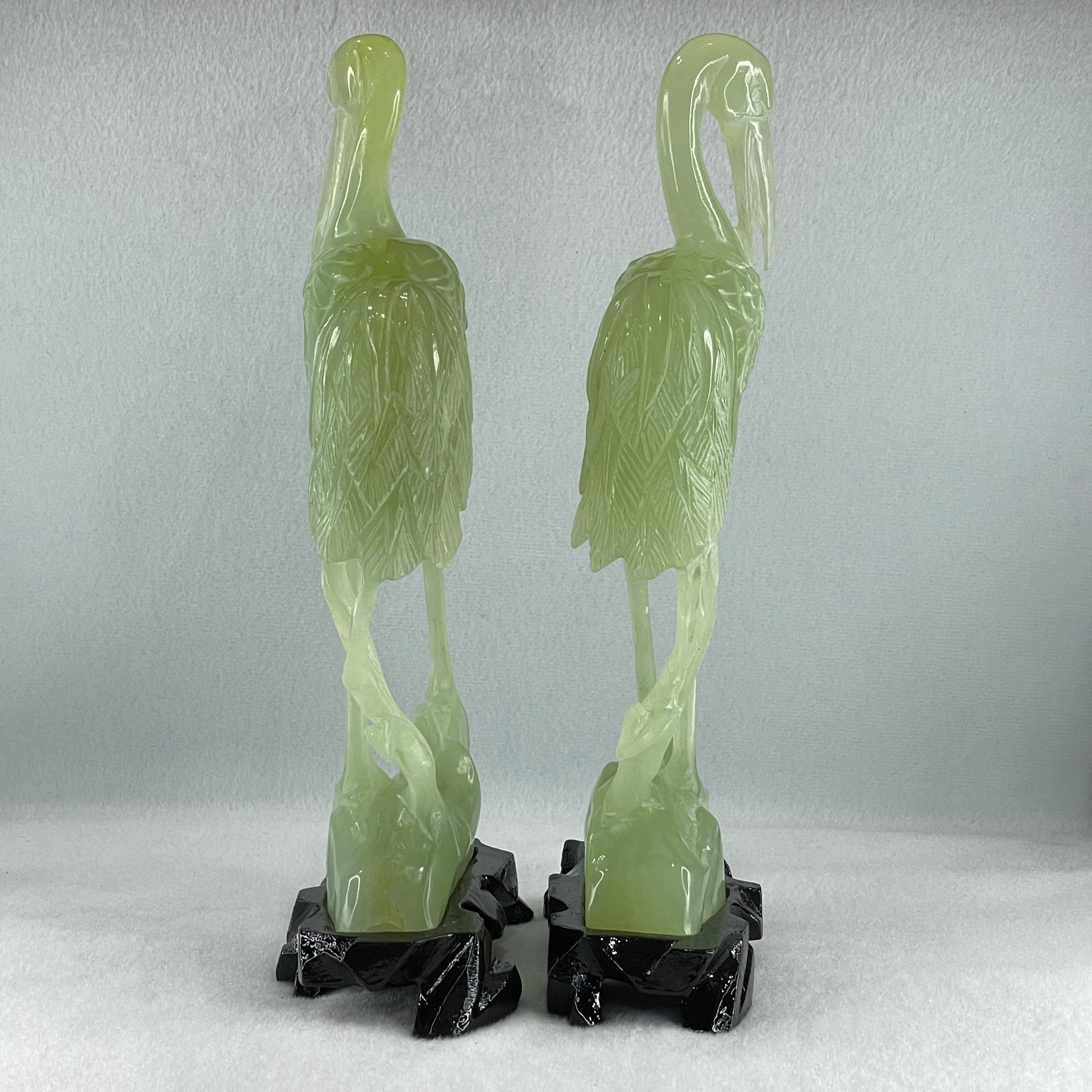 Natural Light Green Serpentine Pair of Cranes Bird with Wooden Stand Display 1,231.1g Each about 135.0 by 60.0 by 240.0mm - Huangs Jadeite and Jewelry Pte Ltd