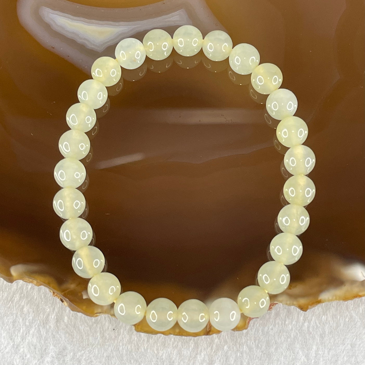 Type A Semi Icy Light Yellowish Blueish Green Jadeite Beads Bracelet 13.73g 14.5cm 6.8mm 27 Beads - Huangs Jadeite and Jewelry Pte Ltd