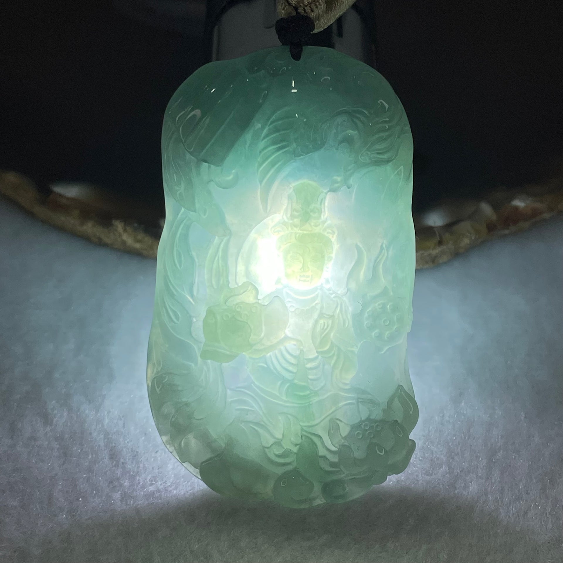 Type A Semi Icy Light Blueish Green Jadeite Guan Yin with Lotus Flower and Phoenix Pendant 40.71g 61.8 by 36.9 by 8.6mm - Huangs Jadeite and Jewelry Pte Ltd