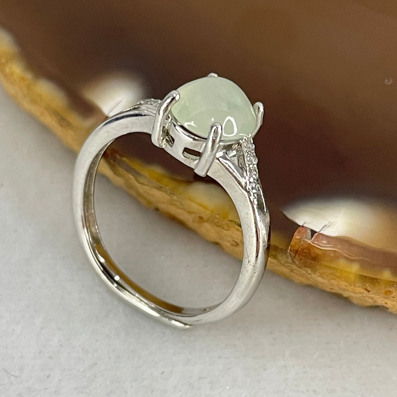 Type A Semi Icy Light Green Jadeite Cabochon in S925 Sliver Ring  (Adjustable Size) 1.70g 7.1 by 6.6 by 3.5mm - Huangs Jadeite and Jewelry Pte Ltd