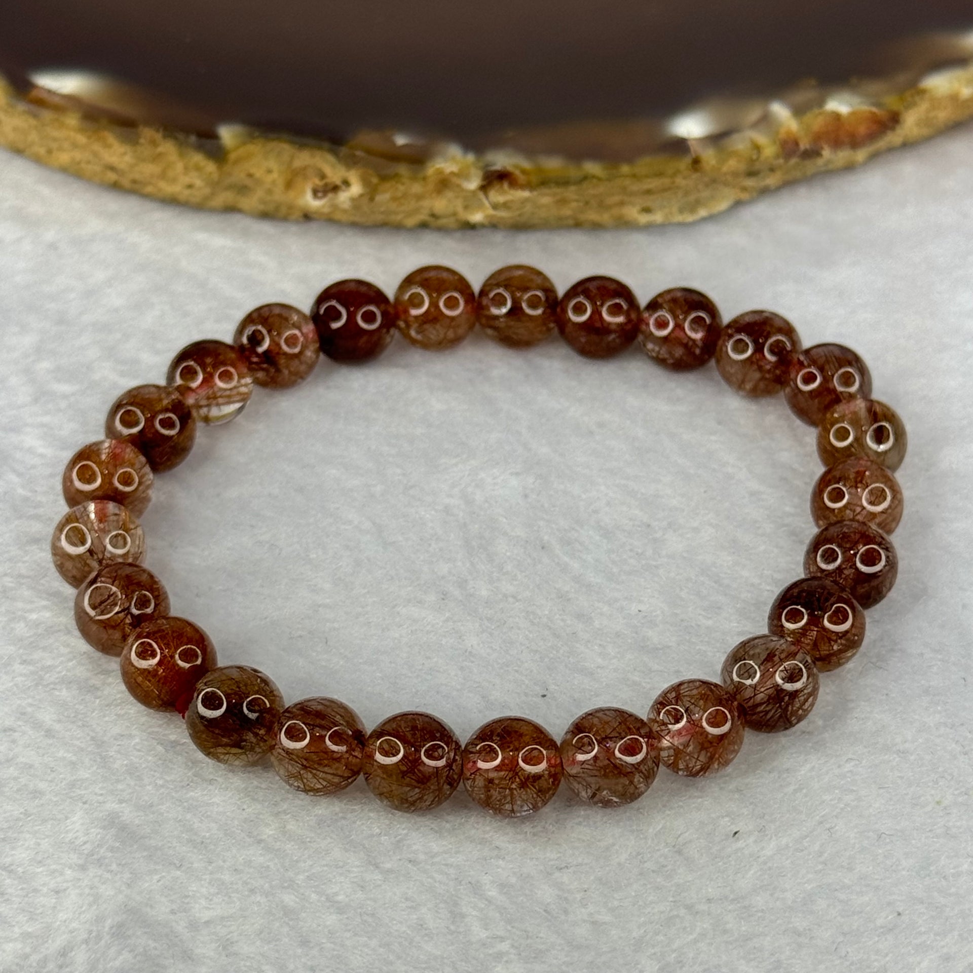 Natural Copper Rutilated Quartz Beads Bracelet 天然銅髮晶手镯 16.12g 16cm 7.9mm 25 Beads - Huangs Jadeite and Jewelry Pte Ltd
