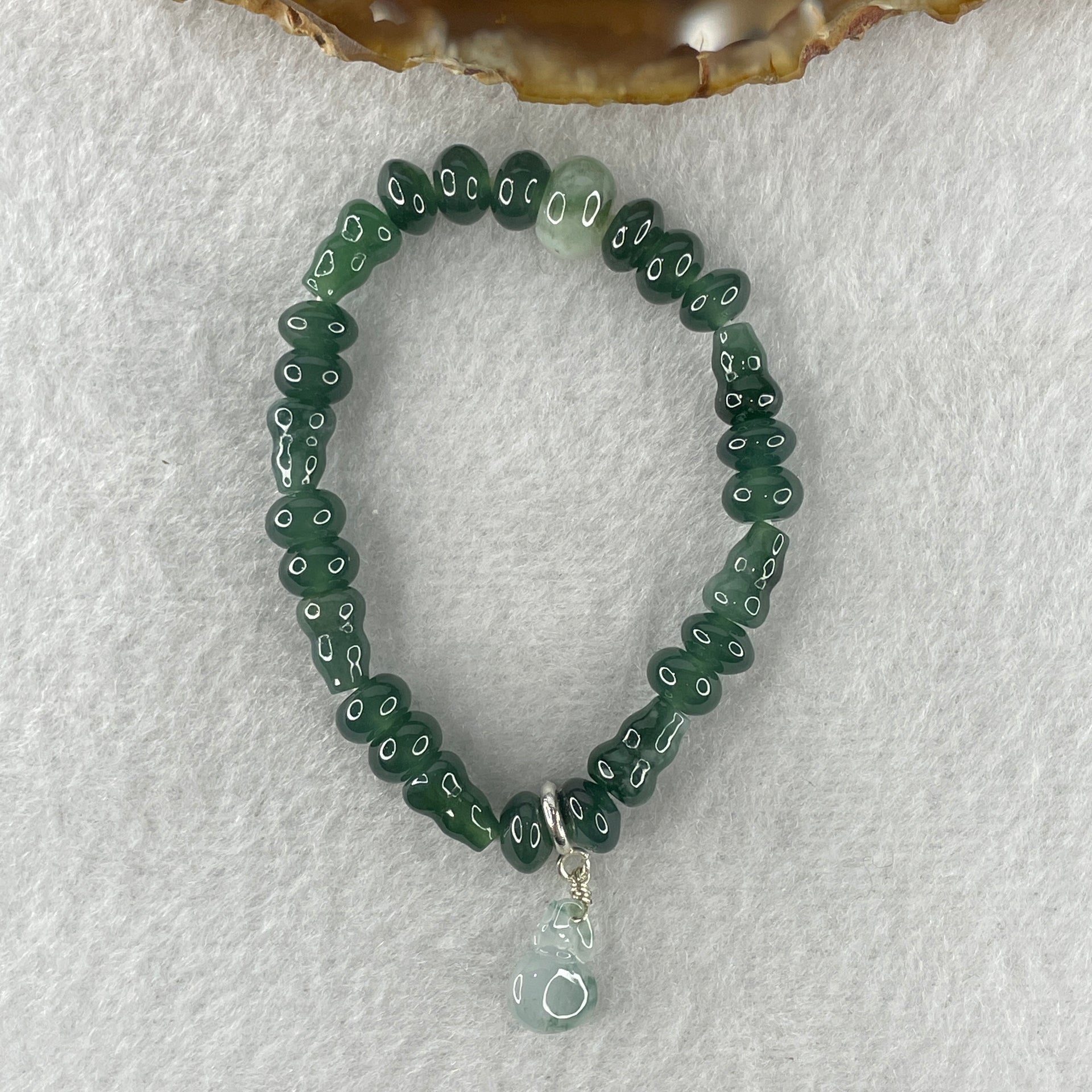 Natural Type A Blueish Green Jadeite Donut Shape Beads with Hulu Shape Charm with Icy Colorless Jadeite Hulu Charm Bracelet 11.79g 12cm 6.9mm 18 Beads Hulu 9.3 by 6.0mm 7 Pieces - Huangs Jadeite and Jewelry Pte Ltd