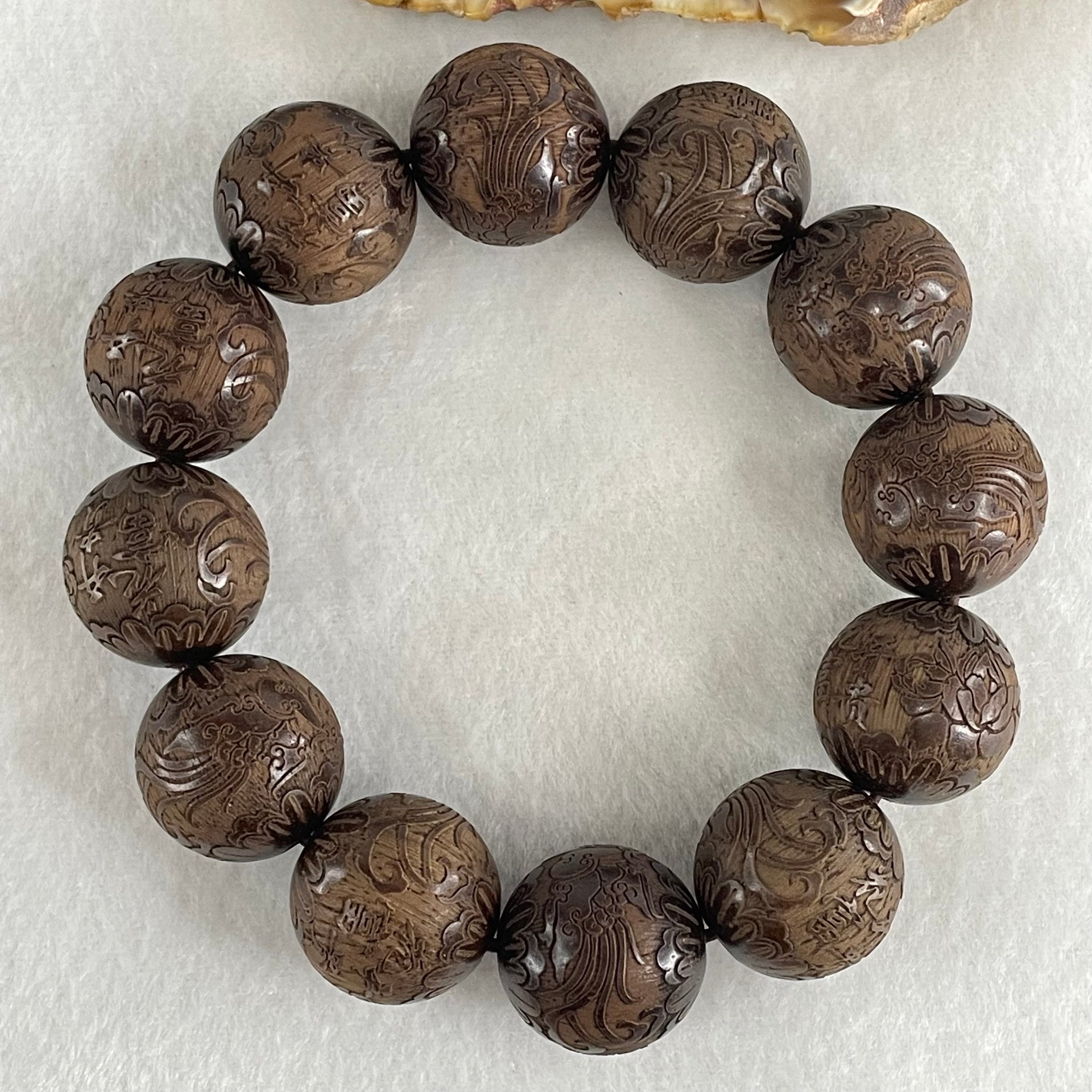 Natural Rosewood with Prosperity Flowers and Birds Beads Bracelet 64.48g 18cm 20.1mm 12 Beads - Huangs Jadeite and Jewelry Pte Ltd