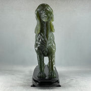 Natural Green with Yellow Serpentine Male Dog with Wooden Stand Feng Shui Display 1,780.3g 220.0 by 82.0 by 220.0mm - Huangs Jadeite and Jewelry Pte Ltd