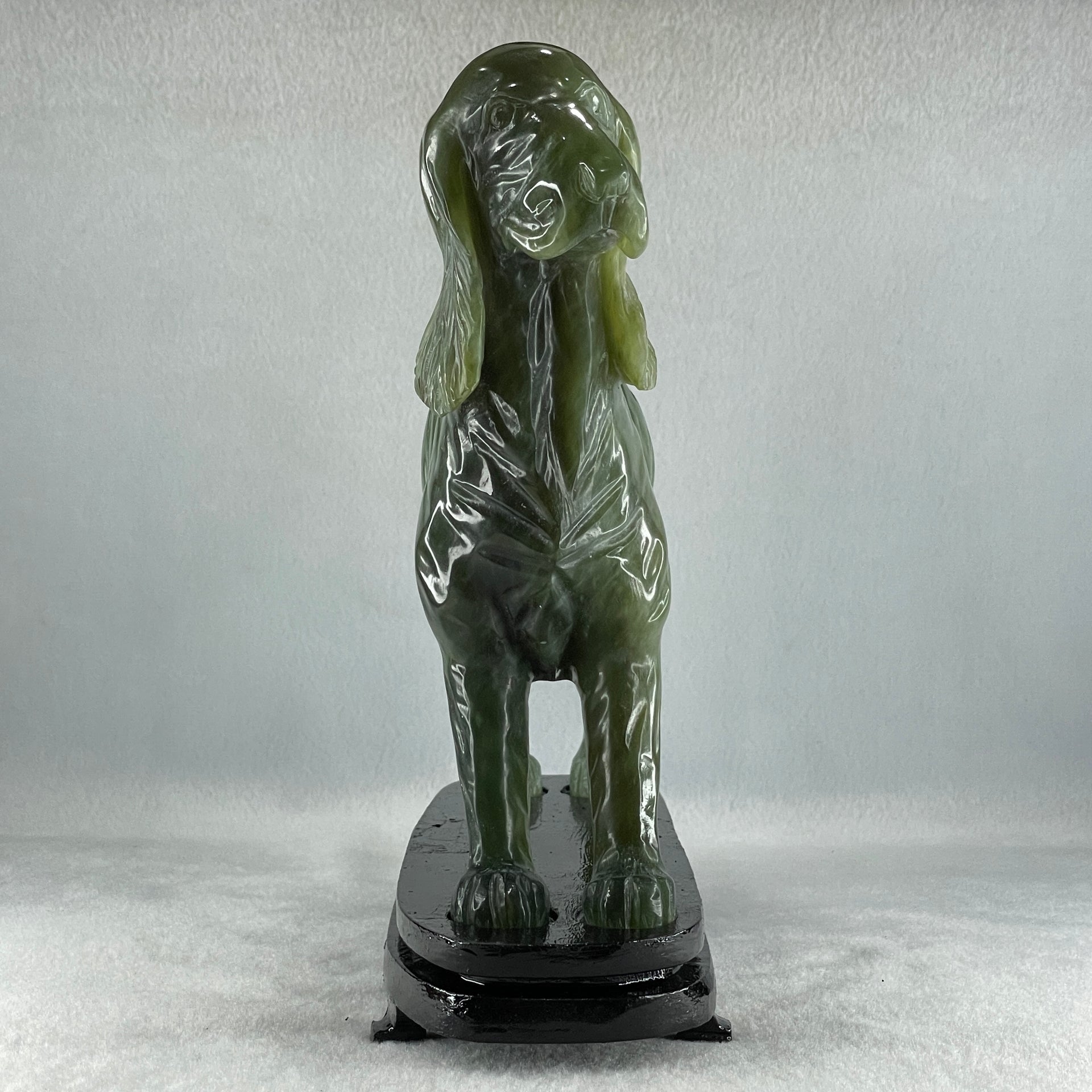 Natural Green with Yellow Serpentine Male Dog with Wooden Stand Feng Shui Display 1,780.3g 220.0 by 82.0 by 220.0mm - Huangs Jadeite and Jewelry Pte Ltd