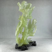 Natural Green Serpentine 3 Magpie Birds on Tree with Wooden Stand Display 939.0g 147.0 by 272.0 by 92.0mm - Huangs Jadeite and Jewelry Pte Ltd