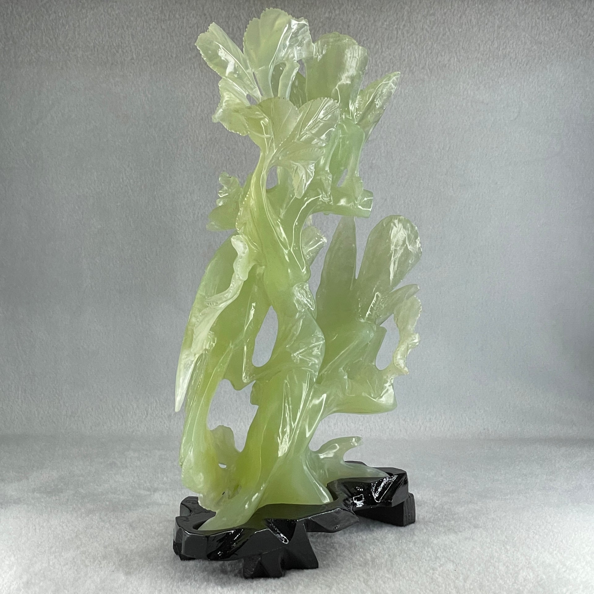 Natural Green Serpentine 3 Magpie Birds on Tree with Wooden Stand Display 939.0g 147.0 by 272.0 by 92.0mm - Huangs Jadeite and Jewelry Pte Ltd