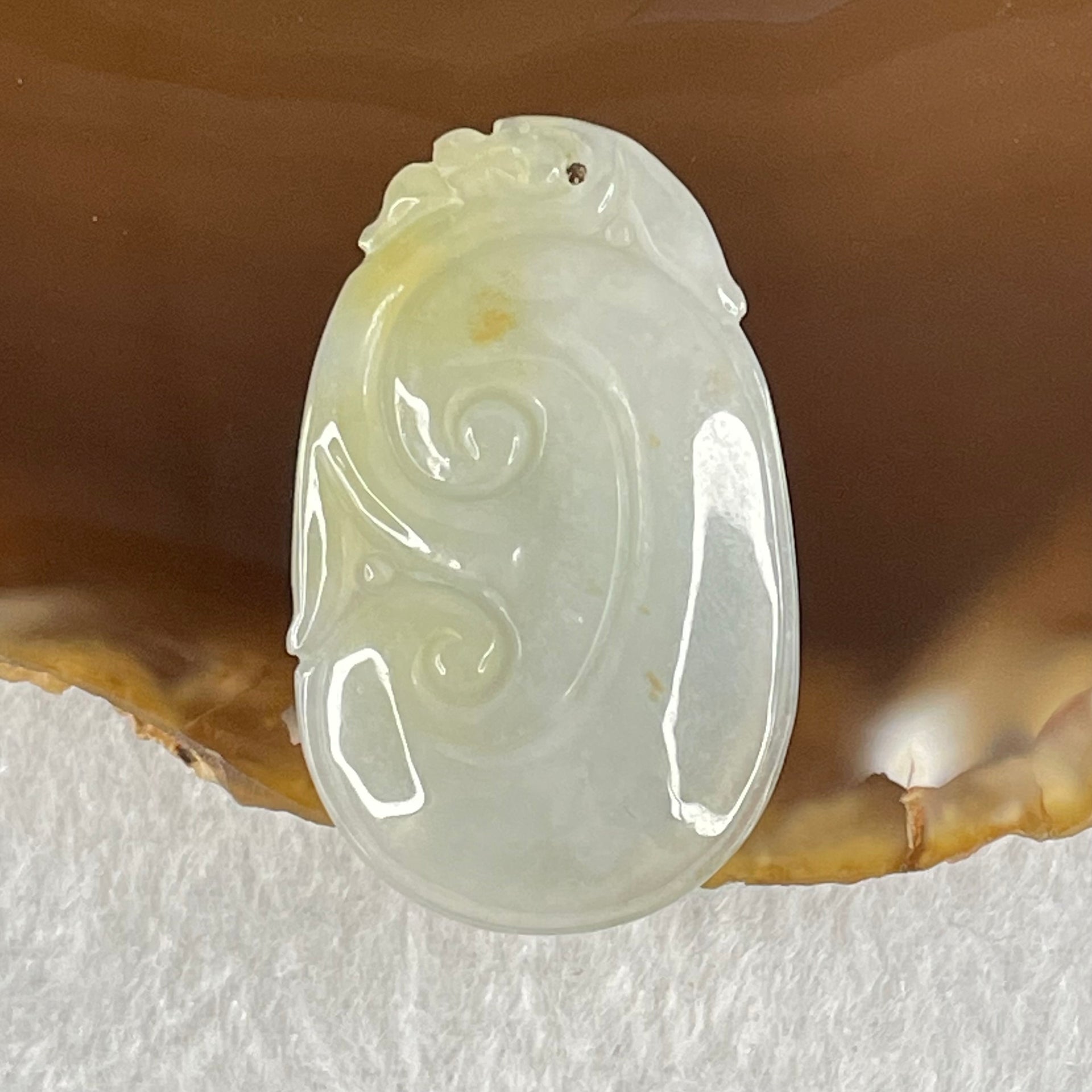 Type A Faint Lavender Green with Yellow Spots Jadeite Ruyi Pendant 6.92g 35.3 by 22.0 by 5.3mm - Huangs Jadeite and Jewelry Pte Ltd
