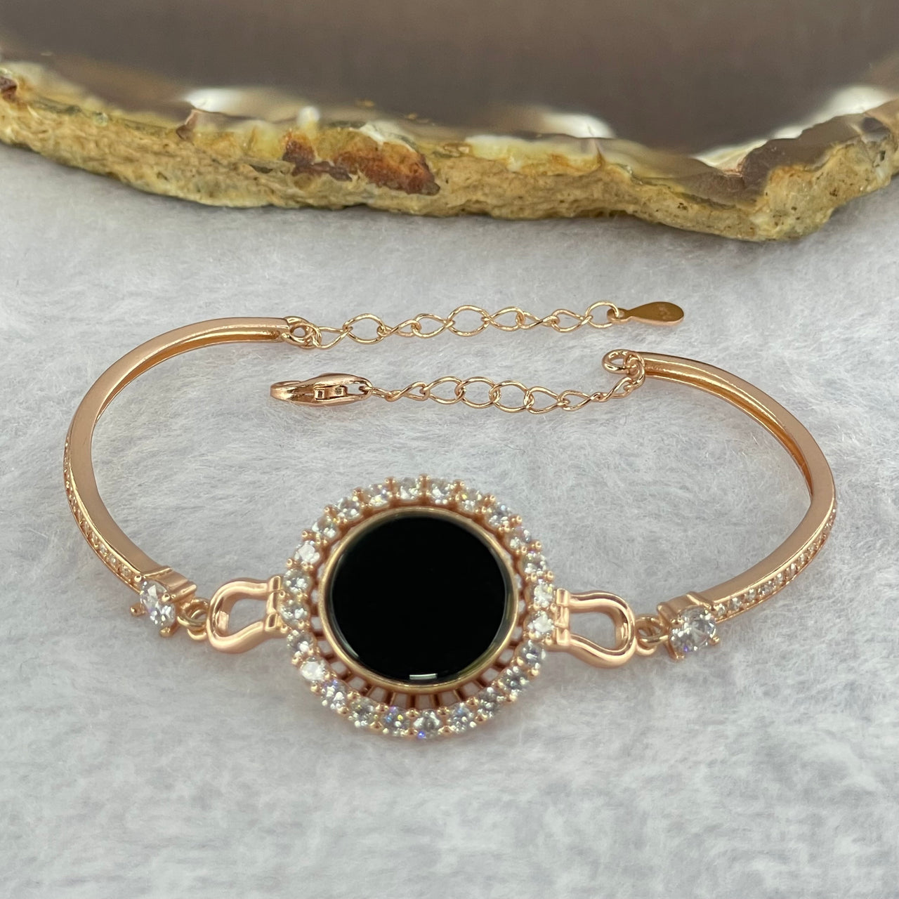 Type A Translucent Black Omphasite Jadeite Round Wu Shi Pai with Crystals in S925 Sliver Rose Gold Color Bracelet 7.47g Adjustable Size 13.1 by 2.0mm - Huangs Jadeite and Jewelry Pte Ltd