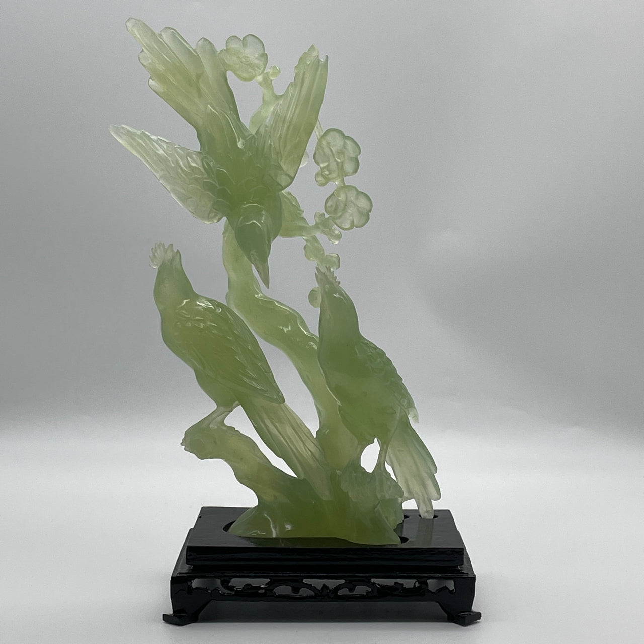 Natural Semi Icy Green Serpentine 3 Javan Mynah Birds on Flower Tree with Wooden Stand Display 909.6g 148.5 by 99.0 by 285.0mm