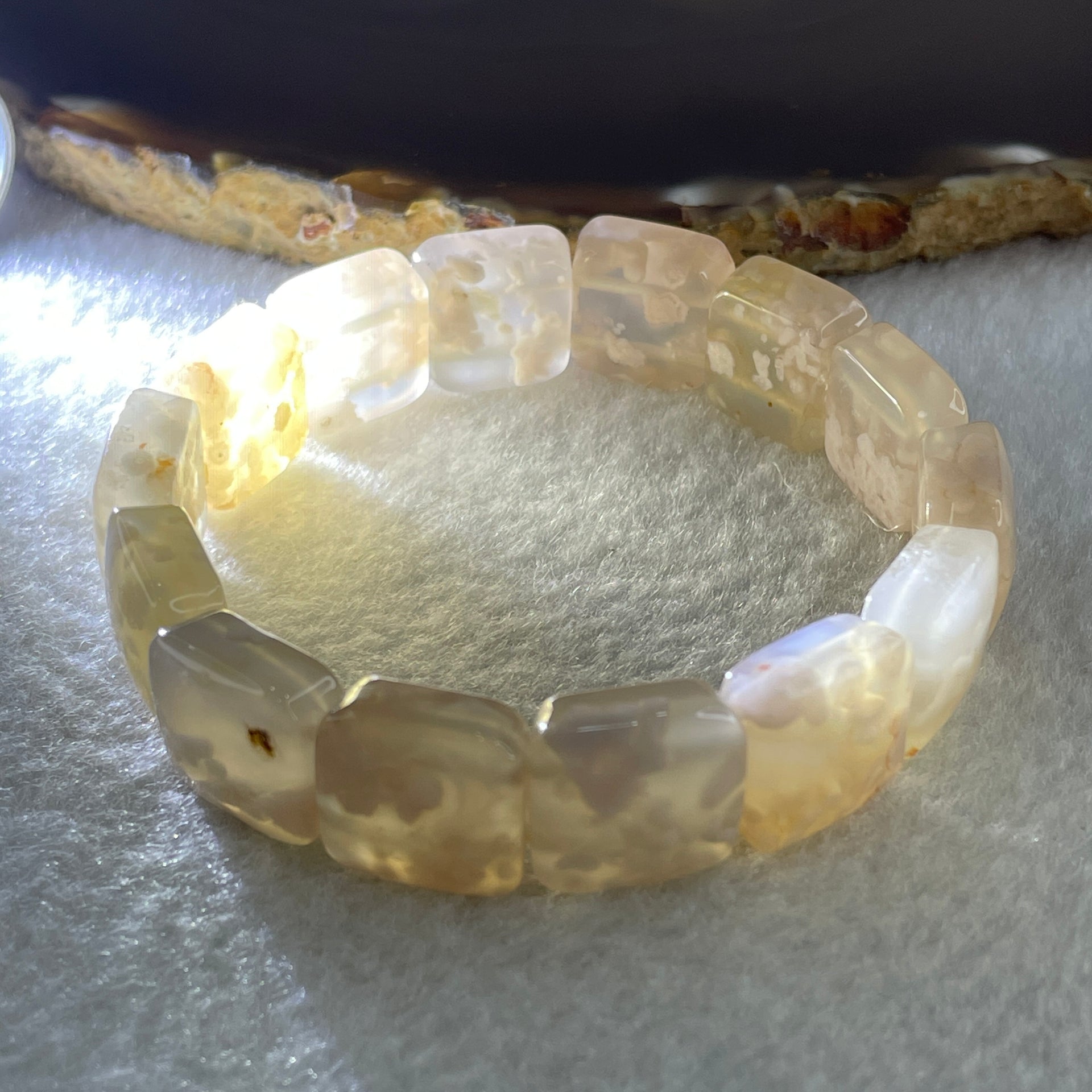 Natural Pinkish Flower Agate Shou Pai Bracelet 38.03g 16.5cm 14.2mm 14 Pcs - Huangs Jadeite and Jewelry Pte Ltd