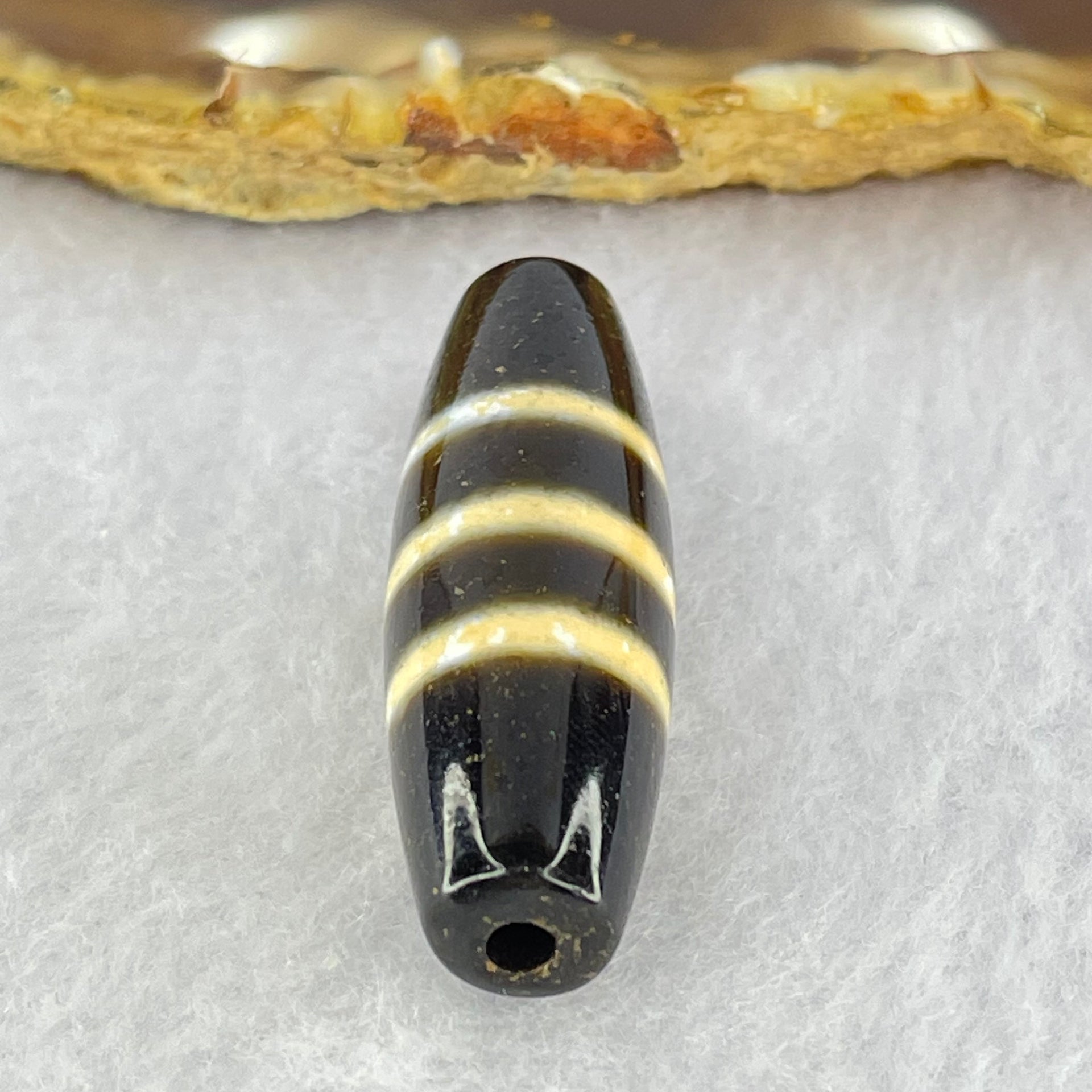 Natural Powerful Tibetan Old Oily Agate 3-Lines Dzi Bead Heavenly Master (Tian Zhu) 8.17g 38.1 by 12.2mm - Huangs Jadeite and Jewelry Pte Ltd