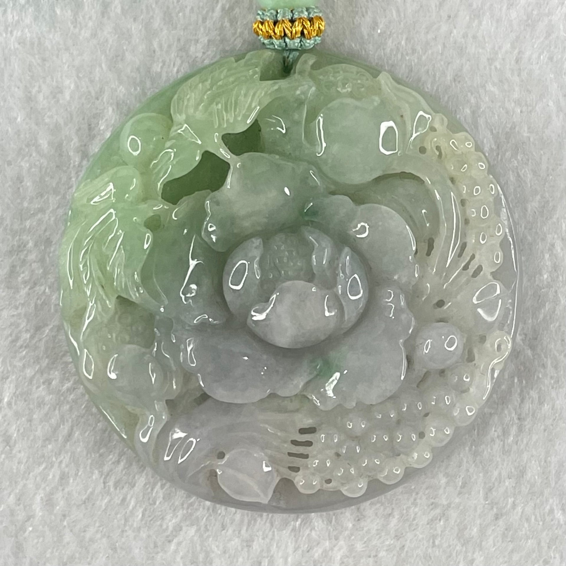 Grandmaster Type A Lavender Green Jadeite Twin Bird And Flower Pendant 喜上眉梢 63.42g 52.5 by 52.5 by 12.1mm - Huangs Jadeite and Jewelry Pte Ltd