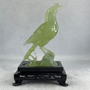 Natural Green Serpentine Javan Mynah Birds on Tree with Wooden Stand Display 291.4g 99.0 by 153.8 by 78.0mm - Huangs Jadeite and Jewelry Pte Ltd