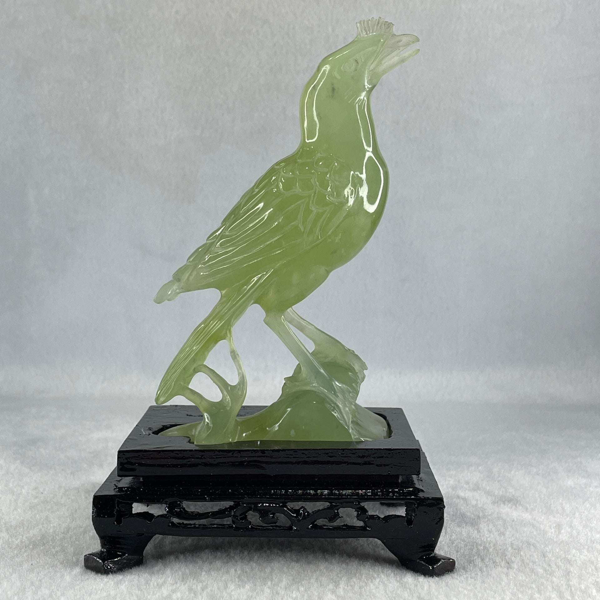 Natural Green Serpentine Javan Mynah Birds on Tree with Wooden Stand Display 291.4g 99.0 by 153.8 by 78.0mm - Huangs Jadeite and Jewelry Pte Ltd