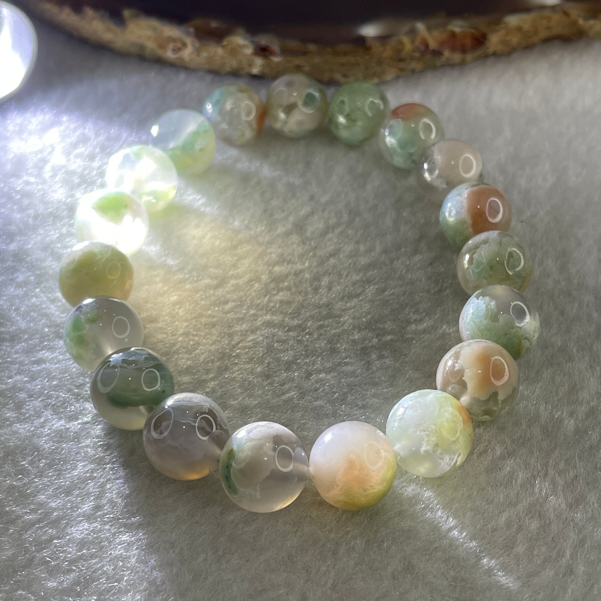 Natural Green with Pinkish Flower Agate Beads Bracelet 30.04g 16.5cm 10.8mm 19 Beads - Huangs Jadeite and Jewelry Pte Ltd