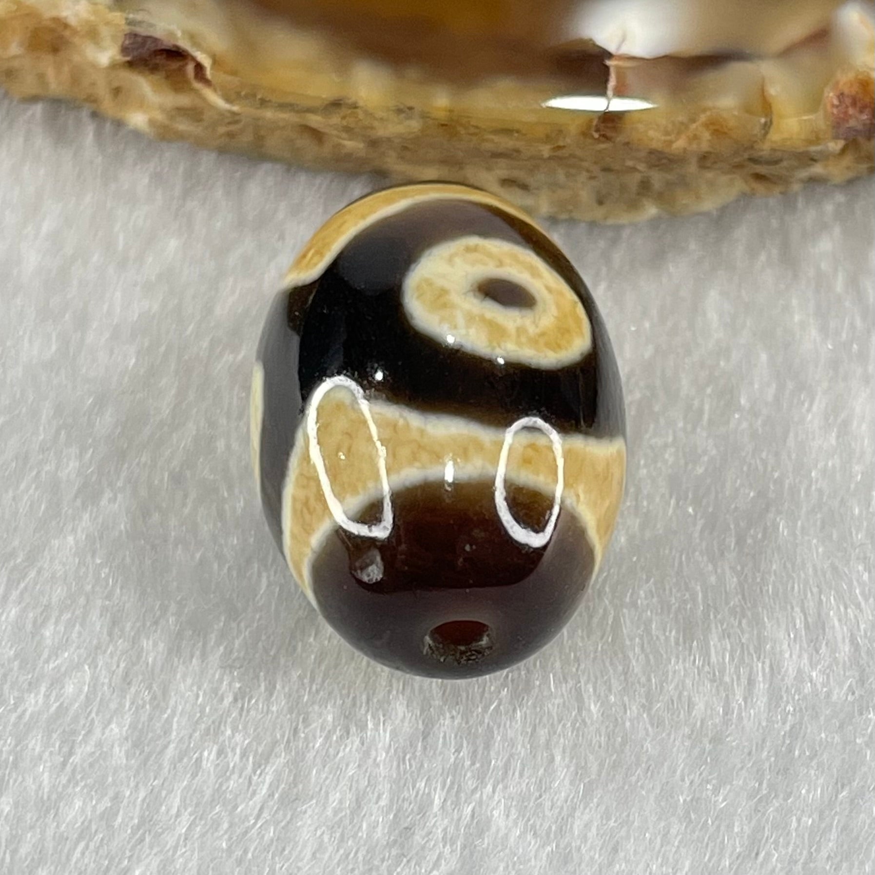 Natural Powerful Tibetan Old Oily Dark Brown With White Agate 3 Eyes Dzi Bead Heavenly Master (Tian Zhu) 三眼天诛 5.26g 19.3 by 13.8mm - Huangs Jadeite and Jewelry Pte Ltd