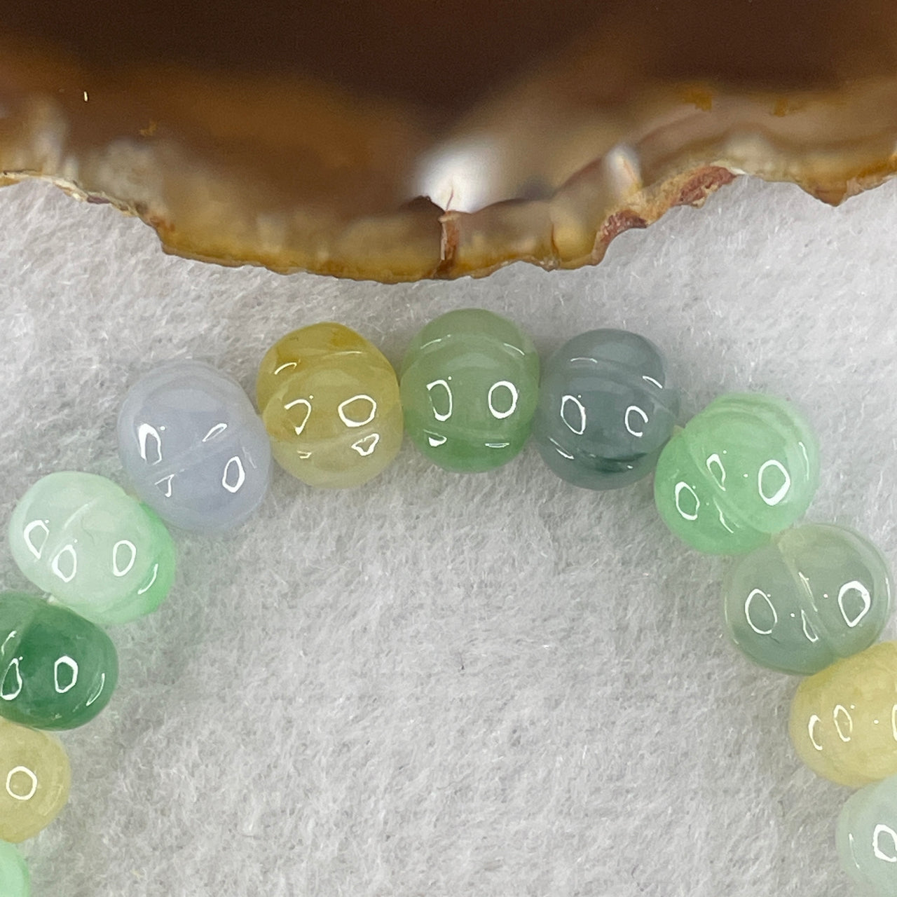 Certified Natural Type A Muti Color Green Lavender Yellow Jadeite Pumpkin Beads Bracelet 28.85g 16.5cm 9.9mm 27 Beads - Huangs Jadeite and Jewelry Pte Ltd