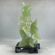 Natural Light Green Serpentine Javan Mynah Twin Birds on Flower Tree with Wooden Stand Display 1,043.4g 115.0 by 125.0 by 210.0mm - Huangs Jadeite and Jewelry Pte Ltd