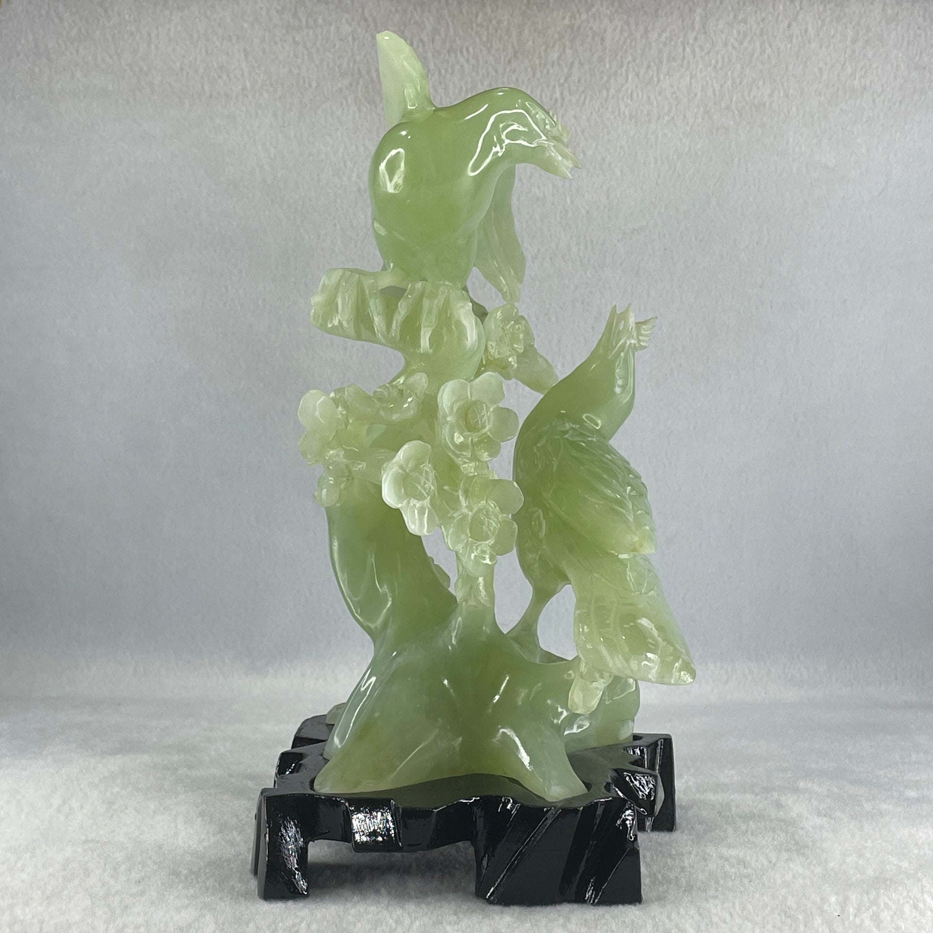Natural Light Green Serpentine Javan Mynah Twin Birds on Flower Tree with Wooden Stand Display 1,043.4g 115.0 by 125.0 by 210.0mm - Huangs Jadeite and Jewelry Pte Ltd