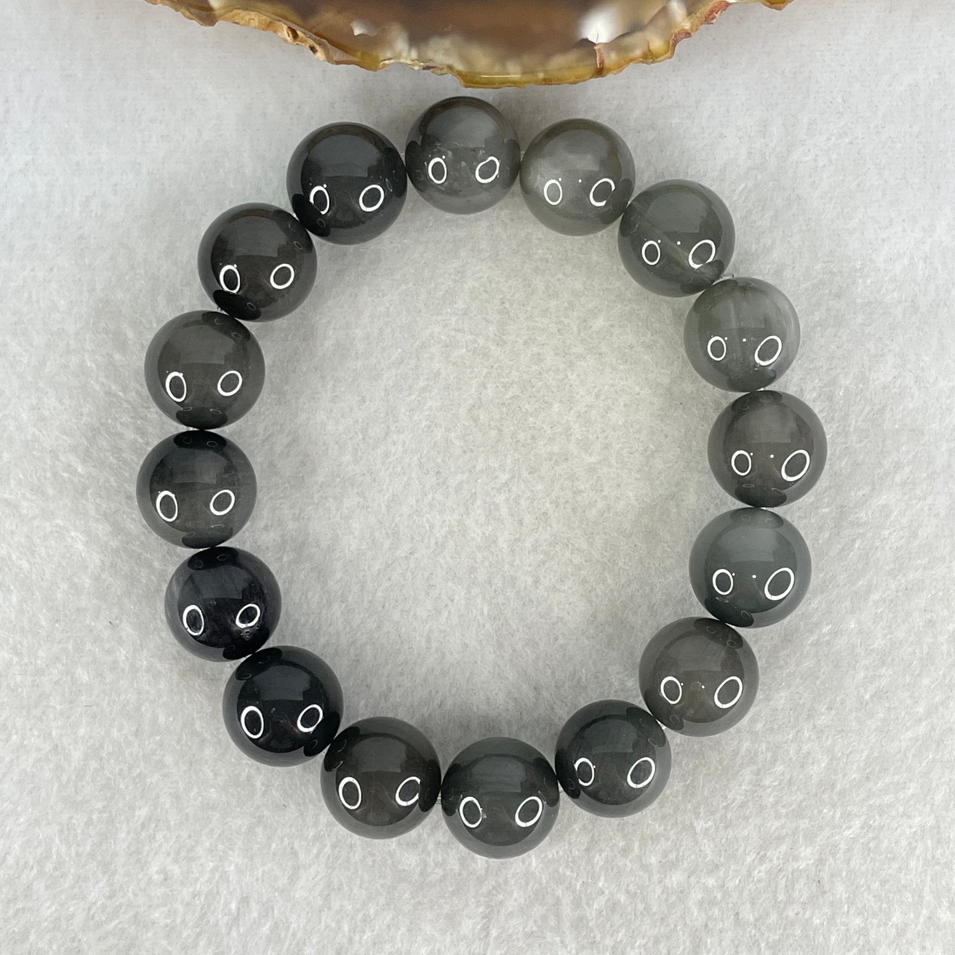 Good Grade Natural Grey Rabbit Hair Rutilated Quartz Beads Bracelet 52.45g 18cm 13.5mm 16 Beads - Huangs Jadeite and Jewelry Pte Ltd