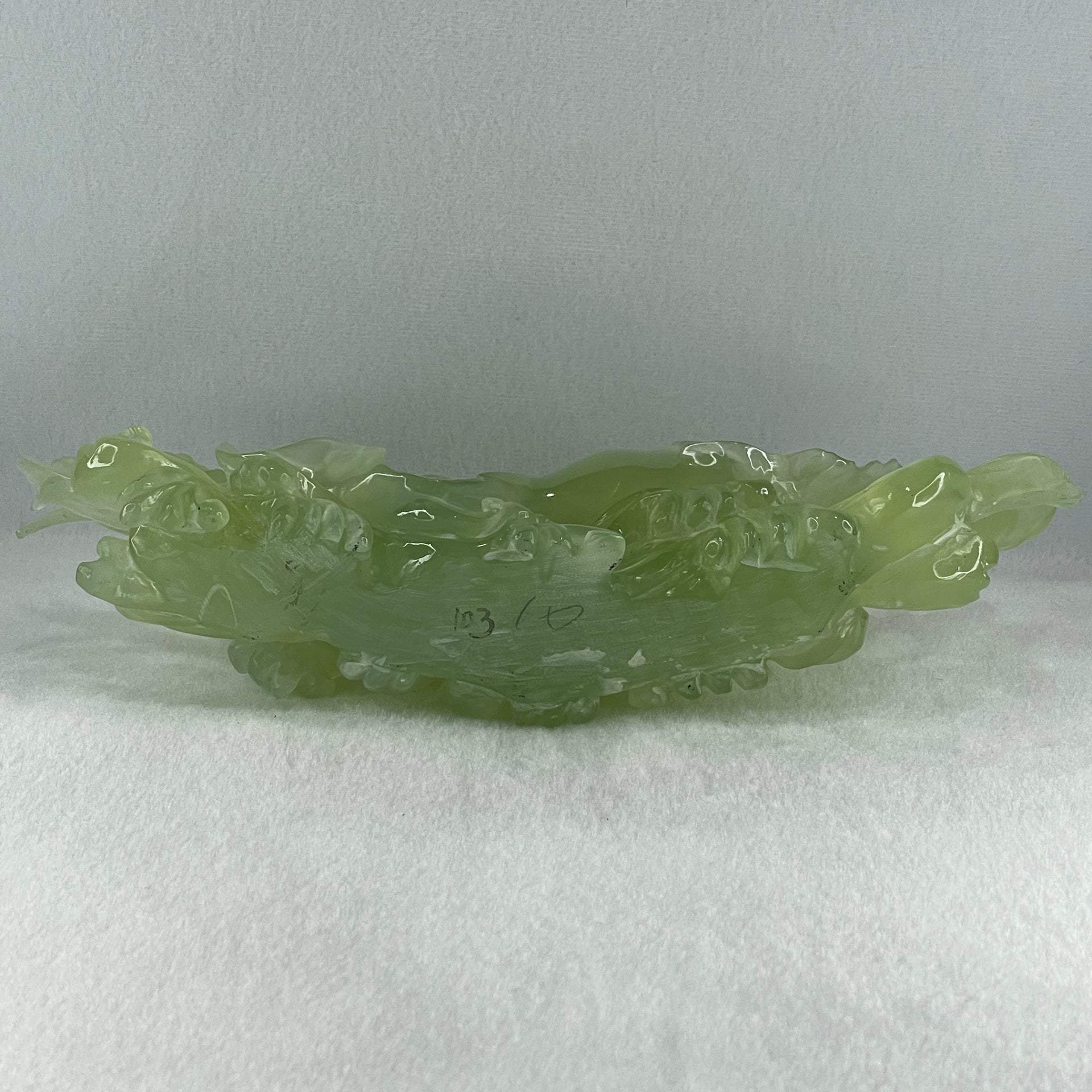 Natural Semi Icy Green Serpentine Tong Zhi on Lotus Leaf and Lotus Flower with Wooden Stand Display 1,458.5g L270.0 by B96.0 by H158.0mm - Huangs Jadeite and Jewelry Pte Ltd