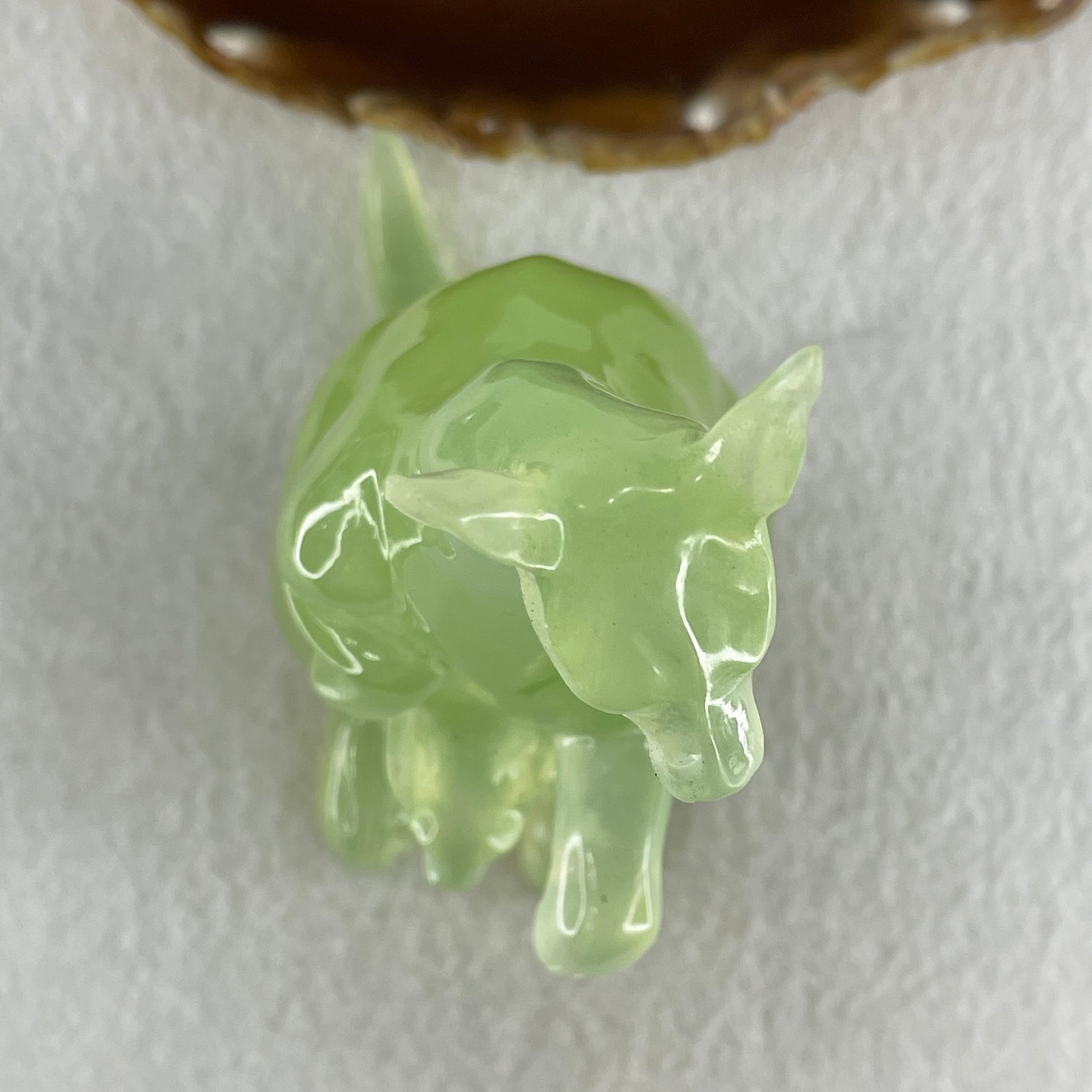 Natural Green Serpentine Kangaroo with Baby with Wooden Stand Display 382.2g 119.5 by 63.0 by 159.0mm - Huangs Jadeite and Jewelry Pte Ltd