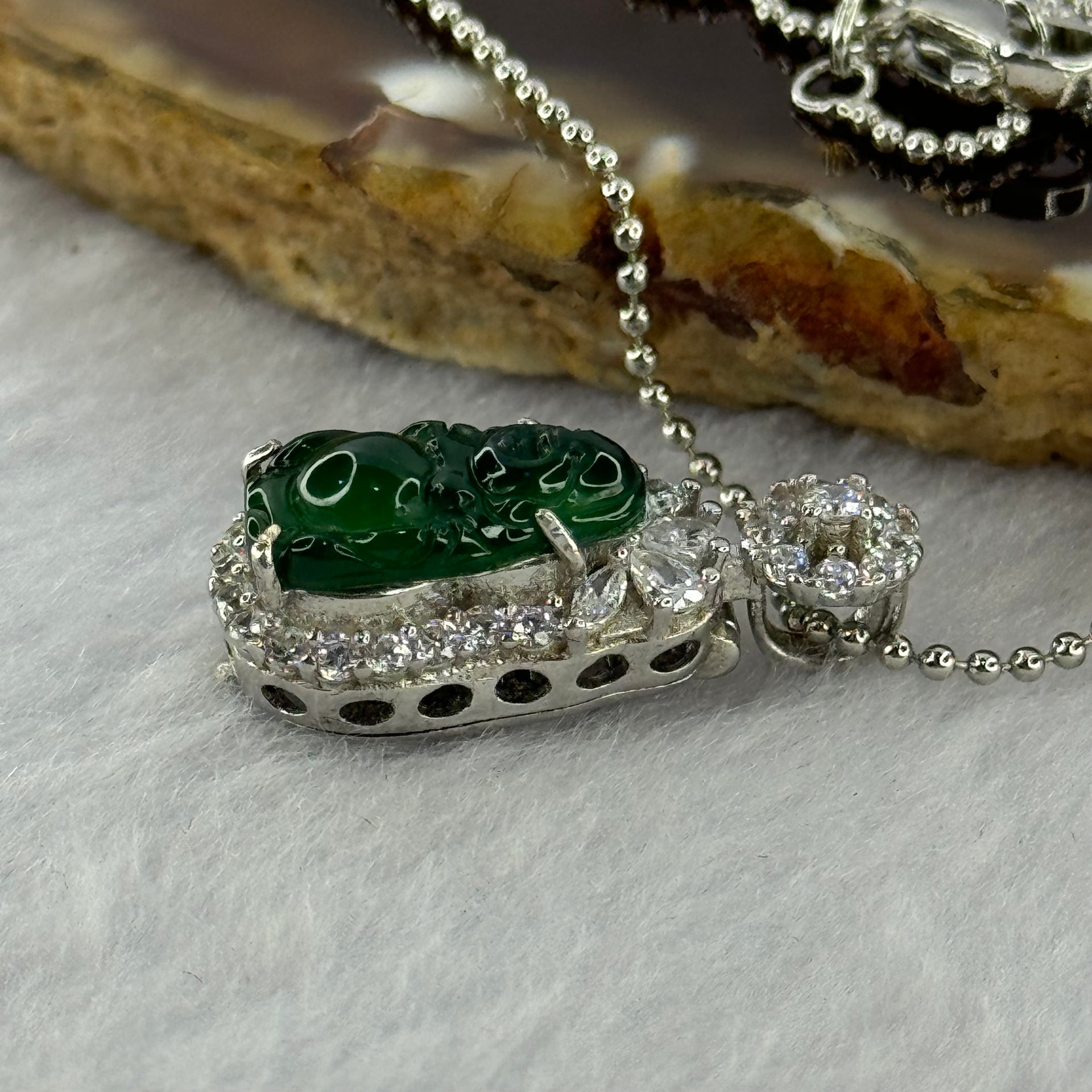 Type A Icy Green Omphasite Jadeite Milo Buddha 12.8 by 7.1 by 3.5mm with Crystals in S925 Sliver Necklace 2.87g - Huangs Jadeite and Jewelry Pte Ltd