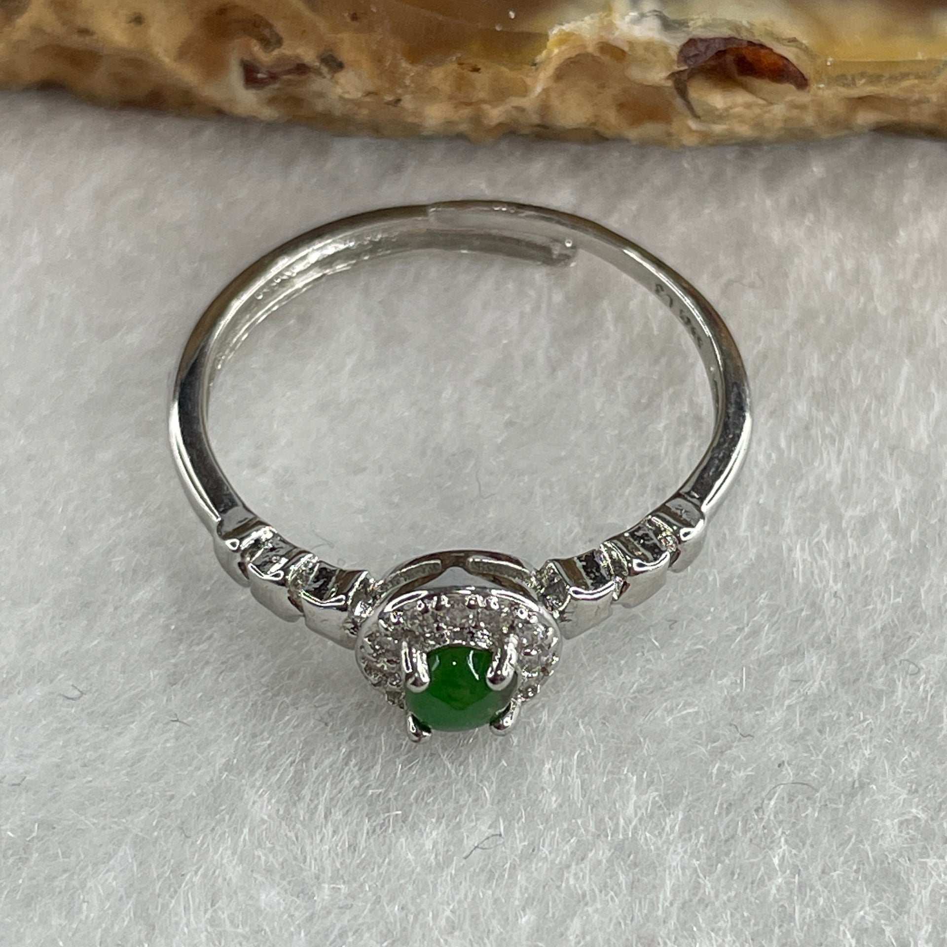 Type A Bright Green Jadeite Ring in S925 Sliver with Cubic Zirconia 1.30g 3.5 by 2.0mm (Adjustable Size) - Huangs Jadeite and Jewelry Pte Ltd