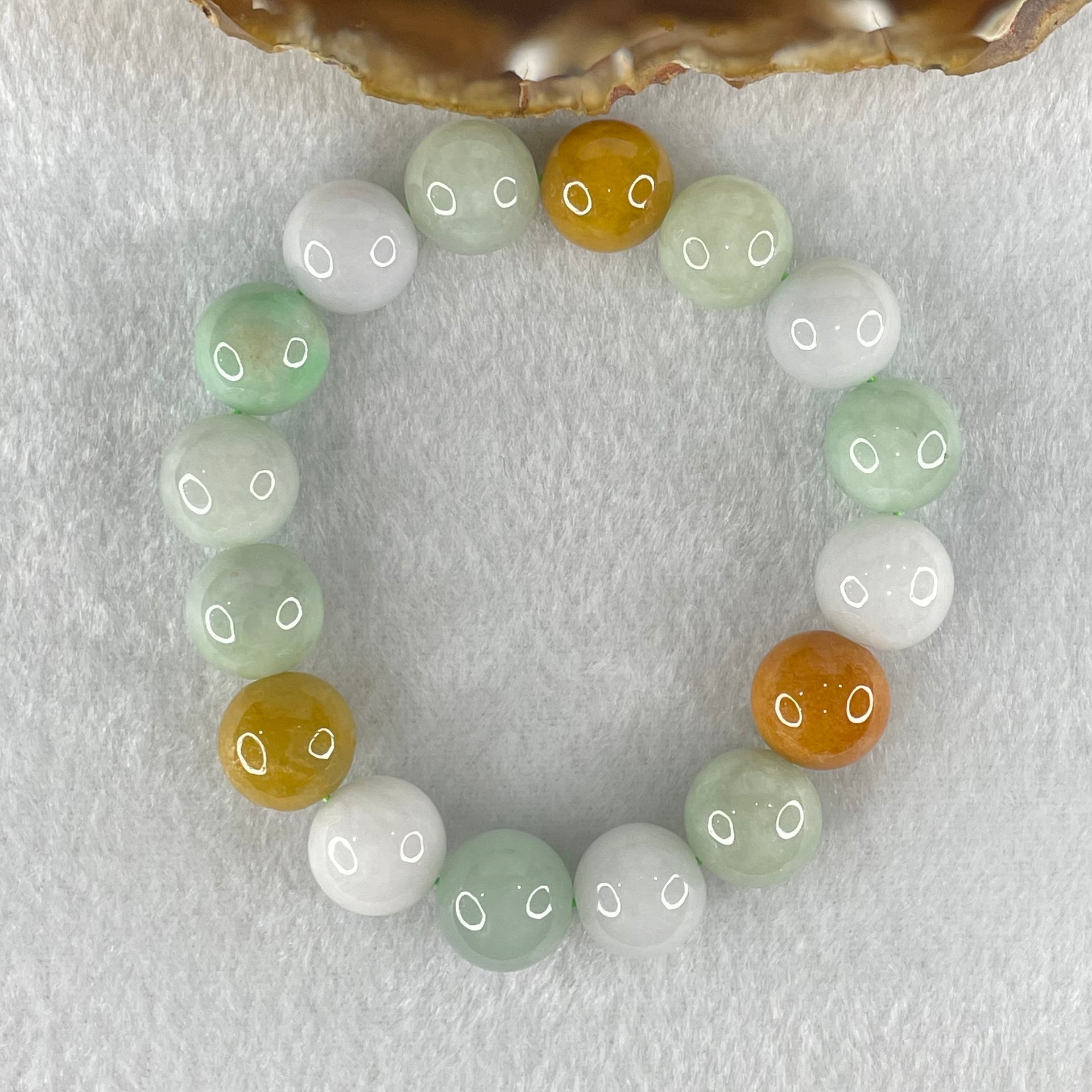 Type A Light Green Faint Lavender and Yellow Jadeite Beads Bracelet 64.31g 18cm 13.5mm 16 Beads - Huangs Jadeite and Jewelry Pte Ltd