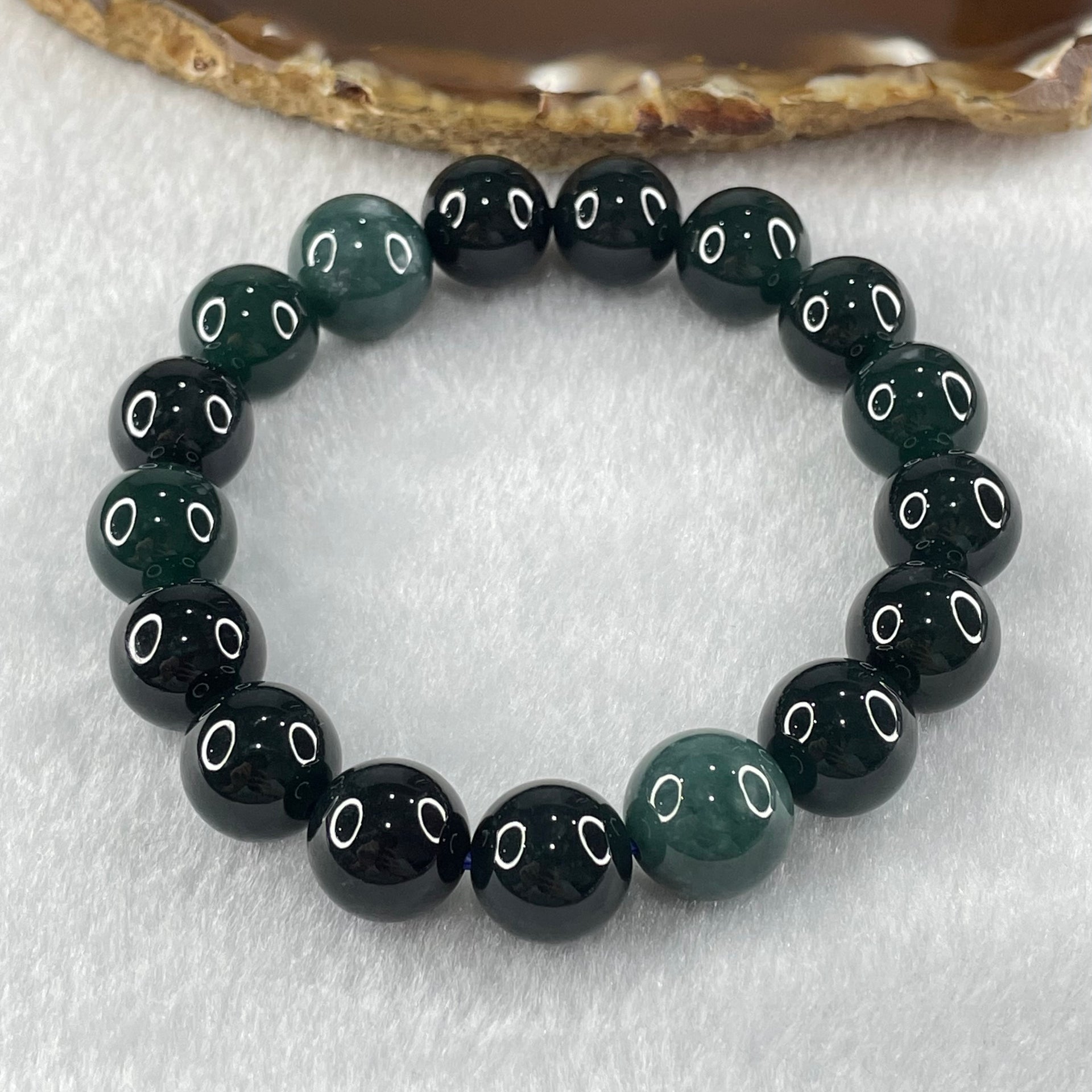 Type A Old Mine Dark Blueish Green Jadeite Beads Bracelet 50.00g 17cm 12.8mm 2 Beads 11.9mm 15 Beads - Huangs Jadeite and Jewelry Pte Ltd