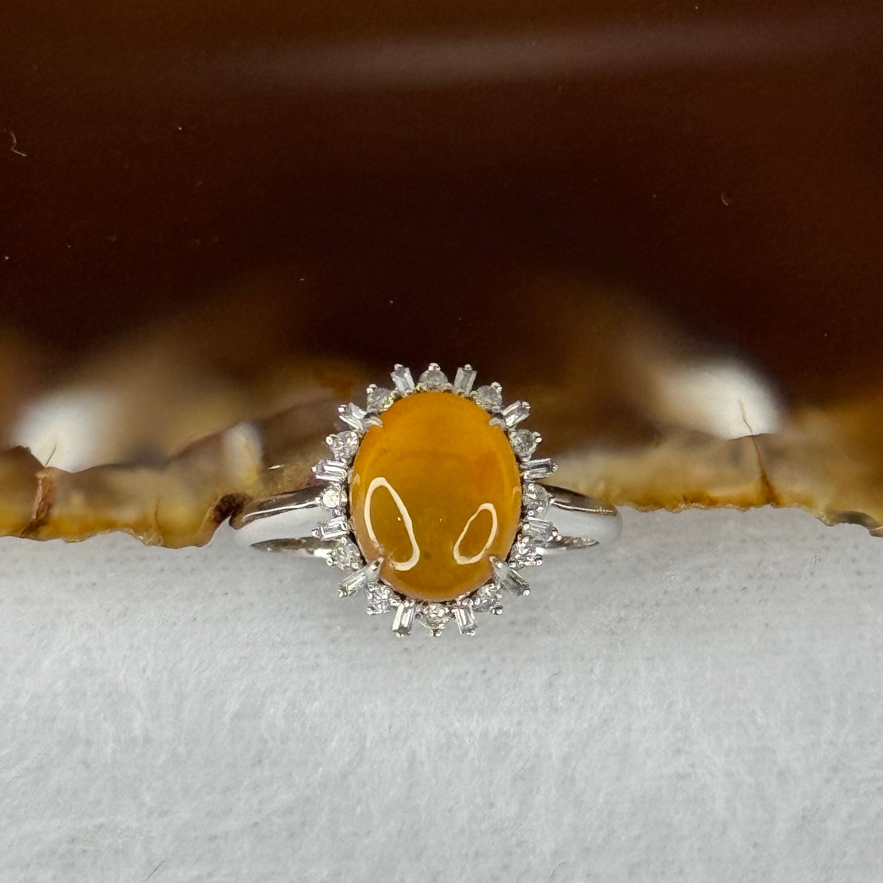 Certified Rare Type A Semi Icy Yellow Jade Jadeite 9.6 by 7.9 by 3mm Ring in 18k white gold, natural diamonds and sapphires 2.95g US6.75 HK14.5 Inner Diameter 17.5mm - Huangs Jadeite and Jewelry Pte Ltd