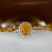 Certified Rare Type A Semi Icy Yellow Jade Jadeite 9.6 by 7.9 by 3mm Ring in 18k white gold, natural diamonds and sapphires 2.95g US6.75 HK14.5 Inner Diameter 17.5mm - Huangs Jadeite and Jewelry Pte Ltd