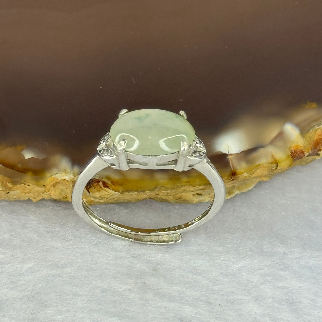 Type A Icy Light Green Jadeite with Crystals in S925 Sliver Ring (Adjustable Size) 2.00g 10.5 by 7.6 by 3.0mm - Huangs Jadeite and Jewelry Pte Ltd