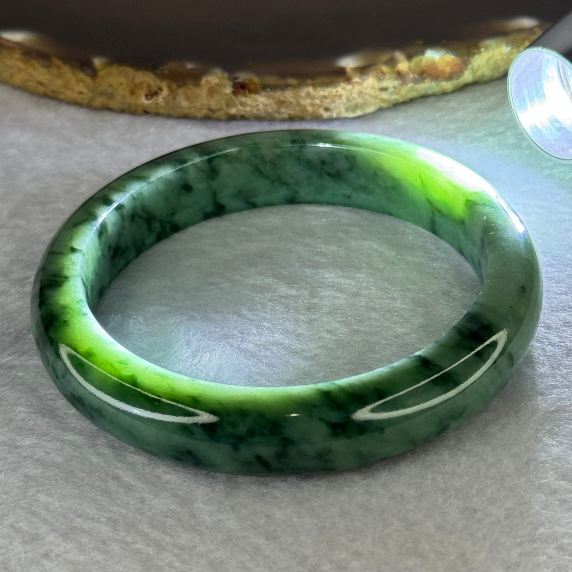 Type A Spicy Green with Dark Green Piao Hua Jadeite Bangle Internal Diameter 58.3mm 59.99g 12.6 by 8.7mm (Close to Perfect) - Huangs Jadeite and Jewelry Pte Ltd