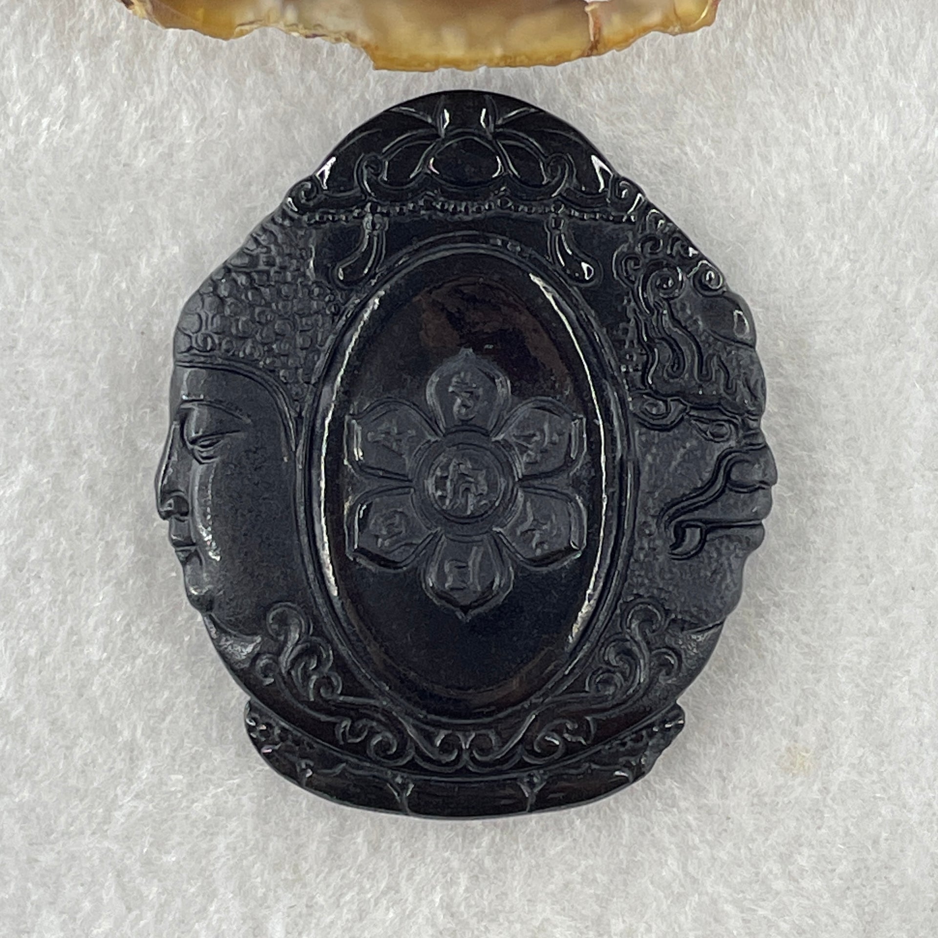 Type A Opaque Black Omphacite Jadeite Good Vs Evil Om Mani Padme Hum Pendant 33.00g 50.8 by 43.2 by 8.0mm - Huangs Jadeite and Jewelry Pte Ltd