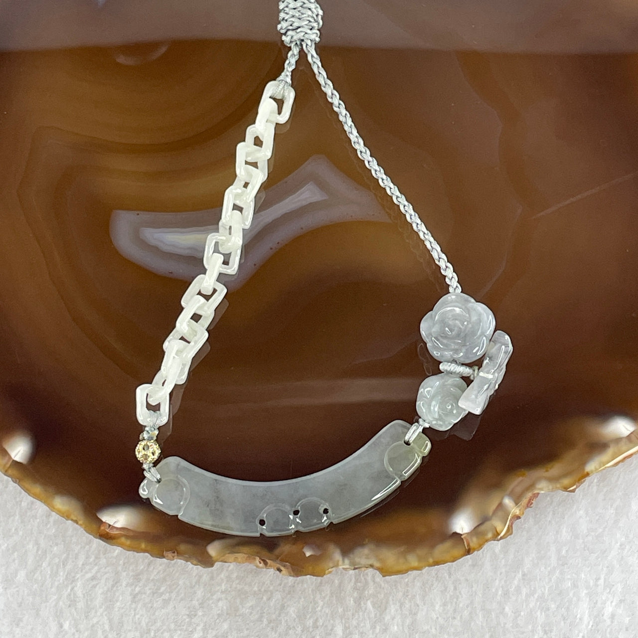 Natural Type A Semi Icy Wuji Grey Jadeite Ruyi with Flower and Butterfly Necklace 12.14g 50.1 by 12.6 by 3.9mm