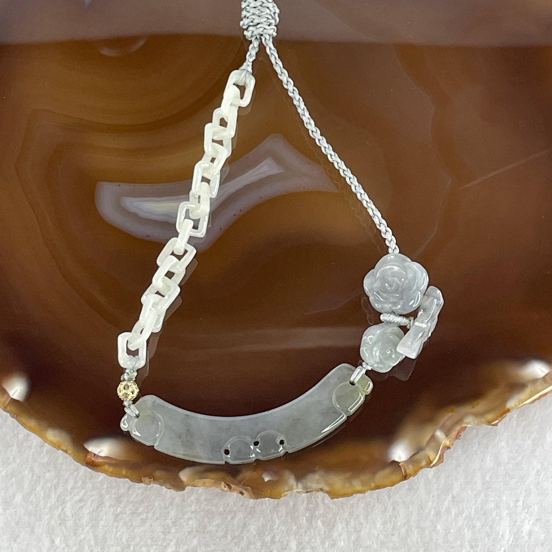 Natural Type A Semi Icy Wuji Grey Jadeite Ruyi with Flower and Butterfly Necklace 12.14g 50.1 by 12.6 by 3.9mm - Huangs Jadeite and Jewelry Pte Ltd