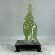 Natural Green Serpentine Kangaroo and Baby with Wooden Stand Display 374.2g 108.0 by 150.0 by 72.0mm - Huangs Jadeite and Jewelry Pte Ltd