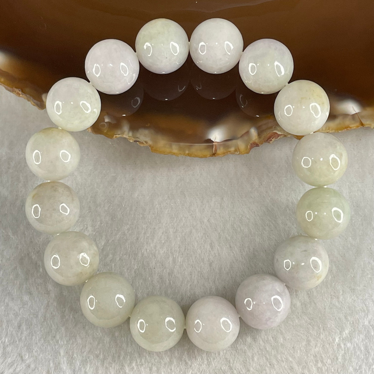 Type A Light Green with Slight Light Lavender Jadeite Beads Bracelet 55.18g 16cm 12.6mm 16 Beads - Huangs Jadeite and Jewelry Pte Ltd