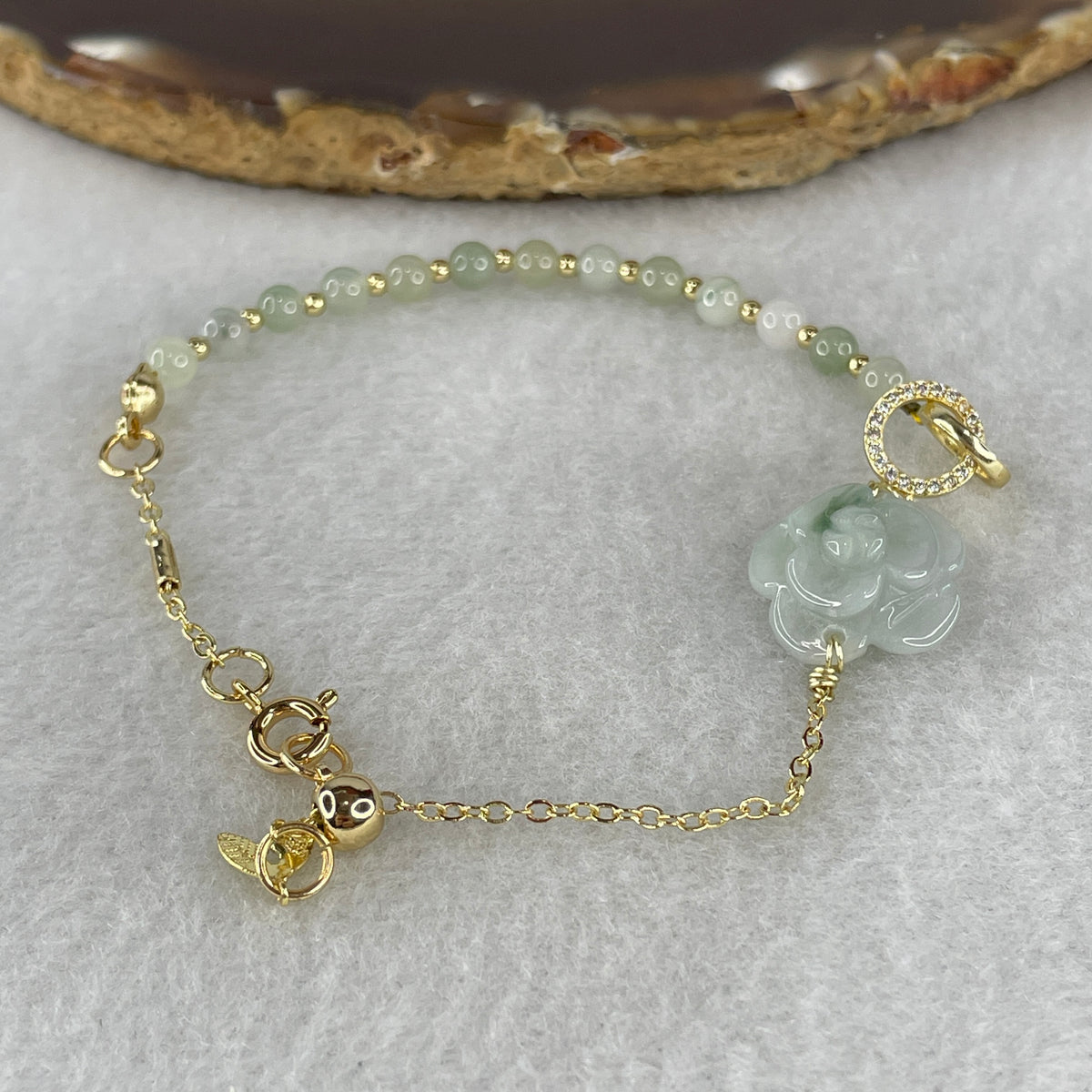 Natural Type A Green Jadeite Peony Flower 15.5x7.1mm Amulet Bracelet | Adjustable 14-18cm Gold-Toned Elegant Layering Chain Luxury Charm (5.54g) - Huangs Jadeite and Jewelry Pte Ltd