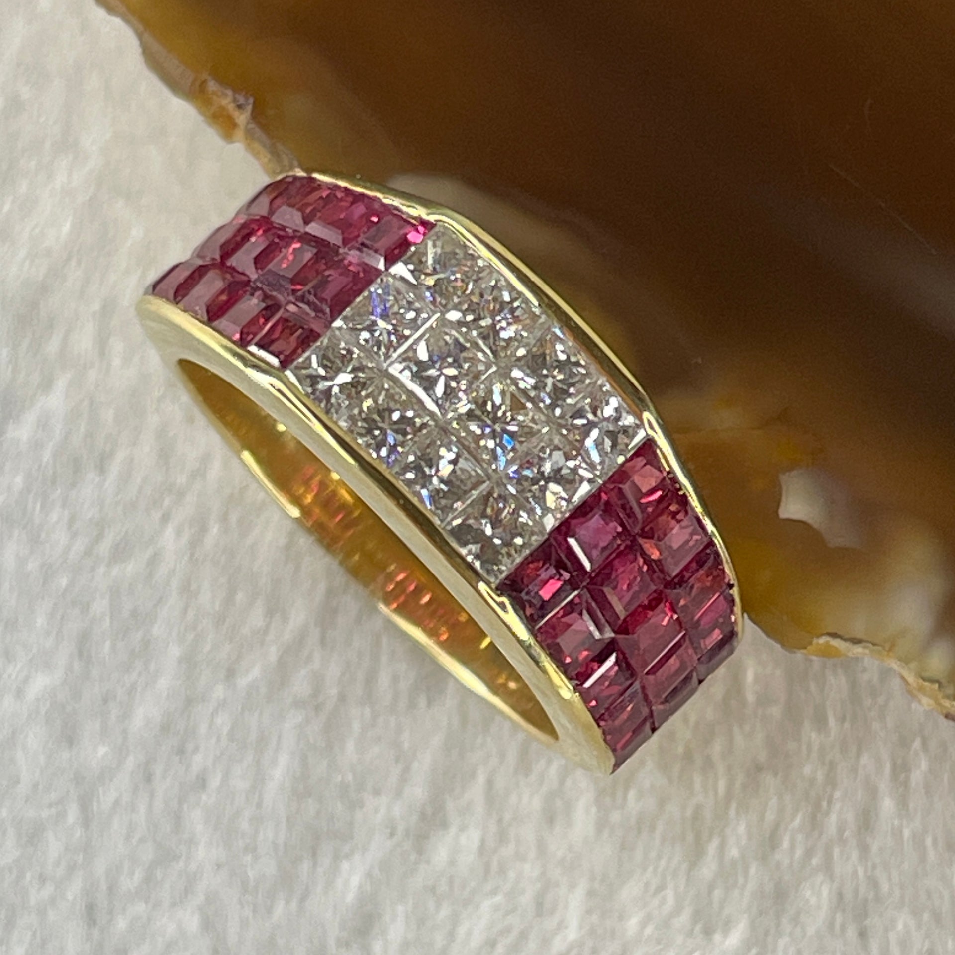 Natural Princess Square Cut Shape Rubies with Natural Diamonds in 18K Yellow Gold Ring R2.6cts D1.0 Total 5.83g US6.75 HK15 - Huangs Jadeite and Jewelry Pte Ltd