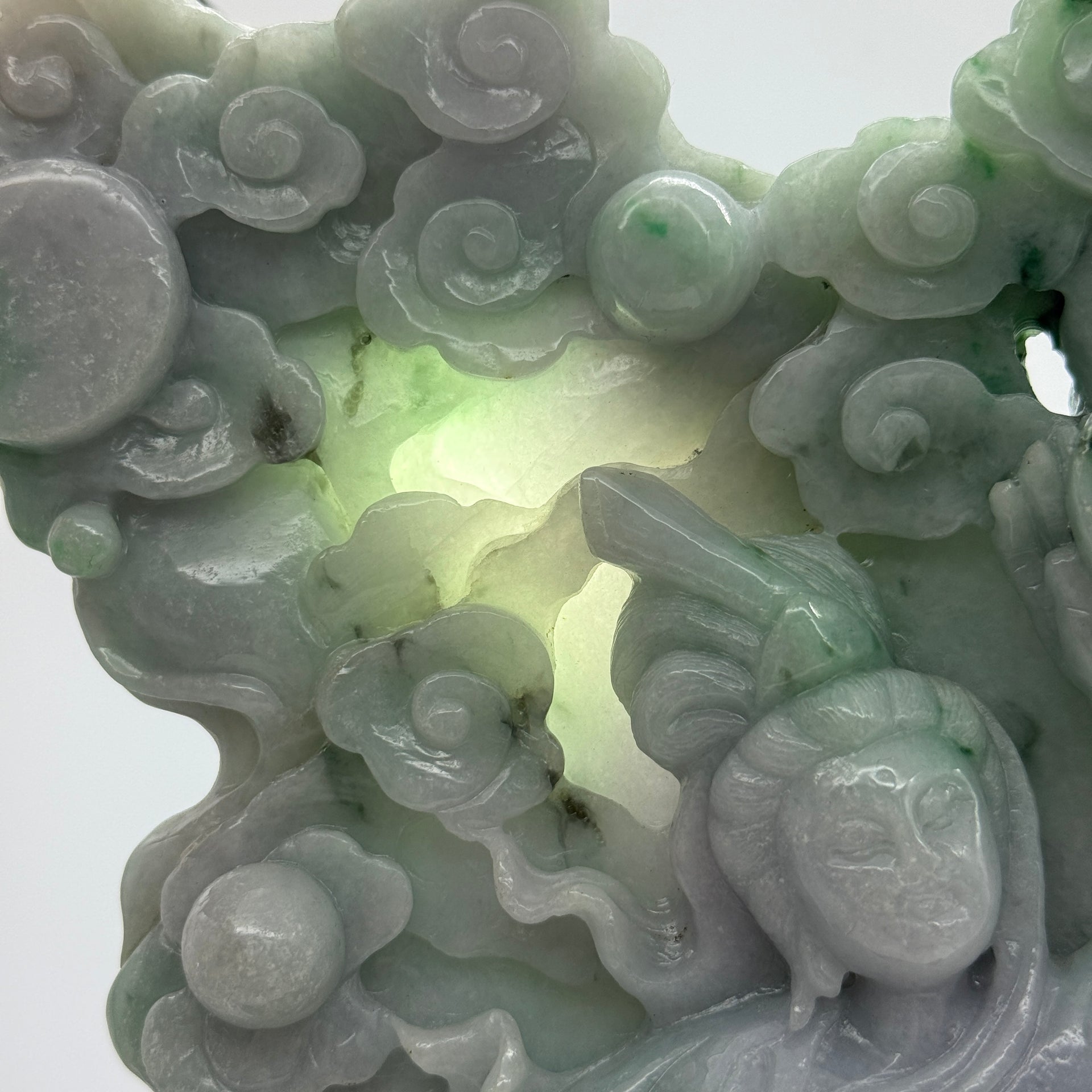 Type A Lavender and Green with Spicy Green Spots 仙女 with Wooden Stand Display Piece 3.38kg Dimensions with Stand 43 by 27 by 10cm Jadeite Dimensions 31 by 22 by 3cm - Huangs Jadeite and Jewelry Pte Ltd