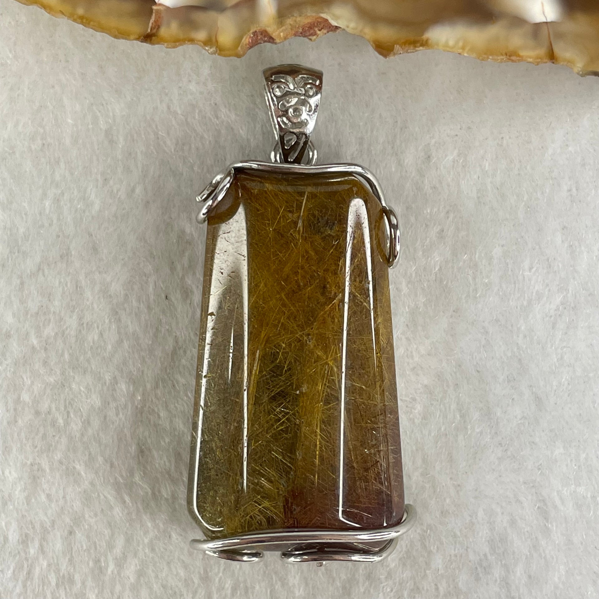 Good Grade Natural Copper Rutilated Quartz Rectangle Shape in S925 Silver Pendant 16.69g 35.0 by 19.8 by 12.9mm - Huangs Jadeite and Jewelry Pte Ltd