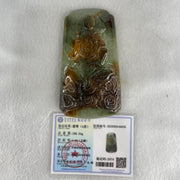 Type A Blueish Green with Brown Jadeite Samantabhadra Bodhisattva Guan Yin on Elephant and Shan Shui Pendant 188.54g with Wooden Stand Display Total 530.1g 122.5 by 91.0 by 156.0mm - Huangs Jadeite and Jewelry Pte Ltd