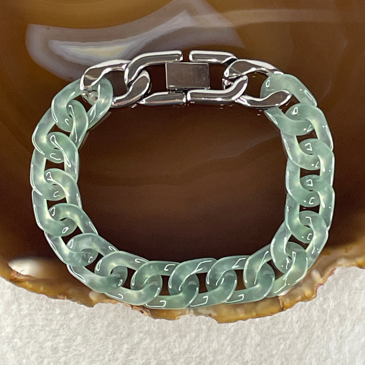 Certified Natural Type A Icy Light Blueish Green Jadeite Cuban Tennis Bracelet with Stainless Steel Clap 18.41g 16cm 10.9 by 15.6 by 3.2mm 16 Pcs