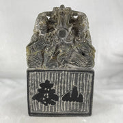 Natural Dark Green Agalmatolite Shou Shan Stone 9 Dragons with Inscription Seal Display 6,401.7g 119.0 by 121.1 by 200.0mm - Huangs Jadeite and Jewelry Pte Ltd
