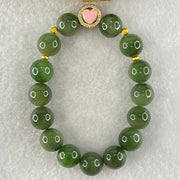 Natural Green Nephrite Beads with Gold Color Charm Bracelet 36.94g 11.4mm 15 Beads - Huangs Jadeite and Jewelry Pte Ltd