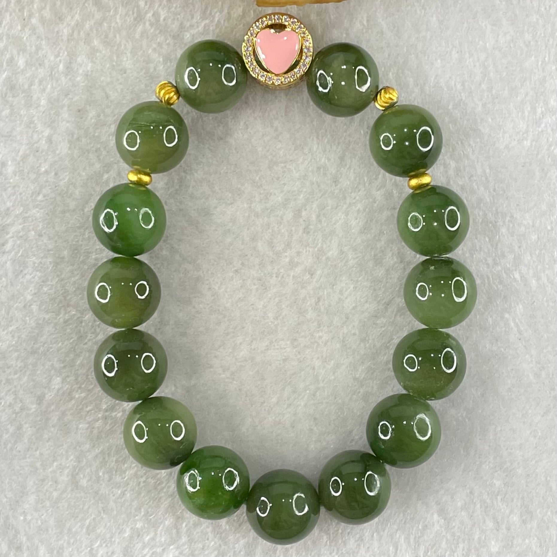 Natural Green Nephrite Beads with Gold Color Charm Bracelet 36.94g 11.4mm 15 Beads - Huangs Jadeite and Jewelry Pte Ltd