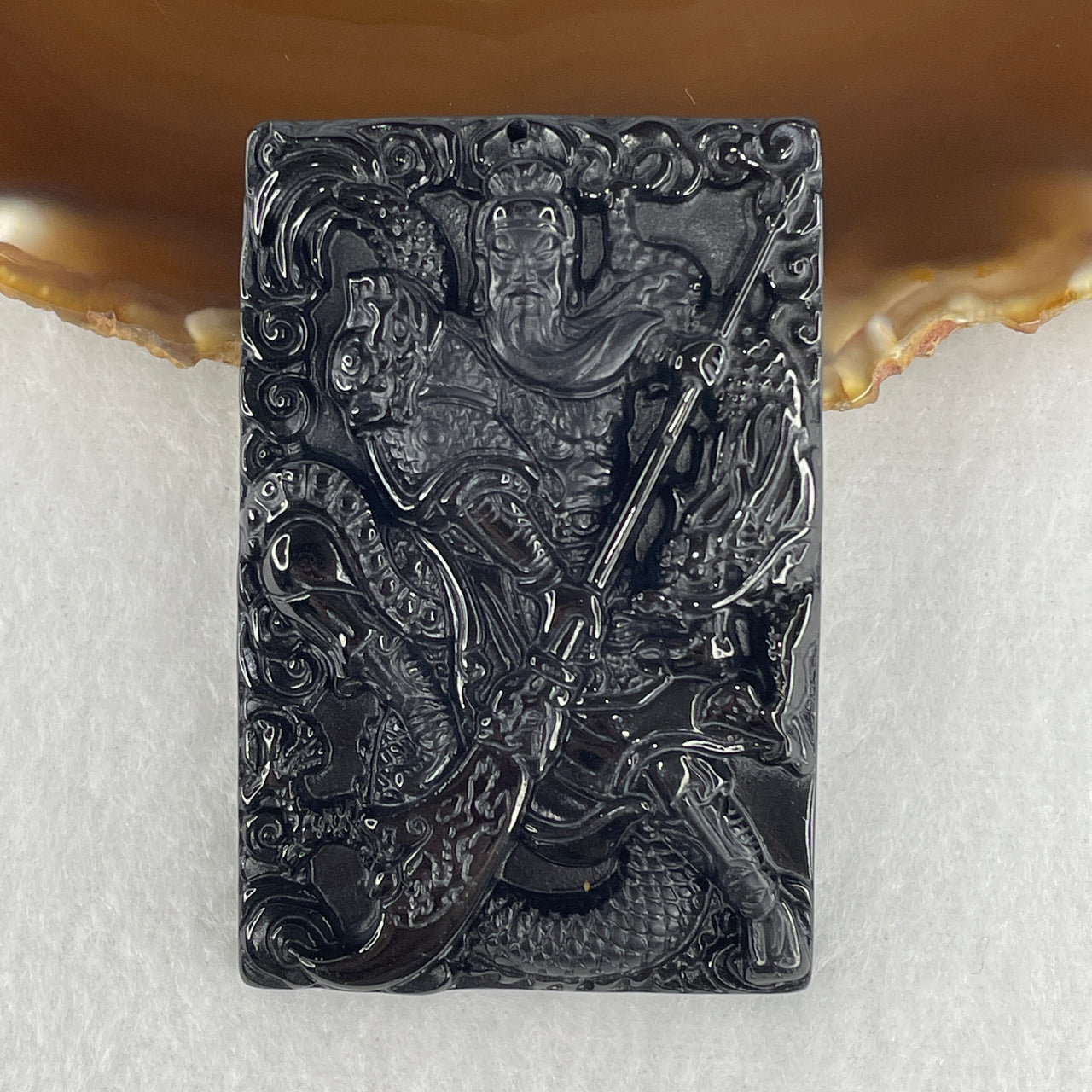 Certified Type A Opaque Black Omphacite Jadeite Guan Gong on Double Dragon Pendant | 63mm Natural Black Jade Martial Guan Gong & Twin Dragon Supreme Protection Talisman (40.72g | 63.5 x 42.3 x 9.5mm)